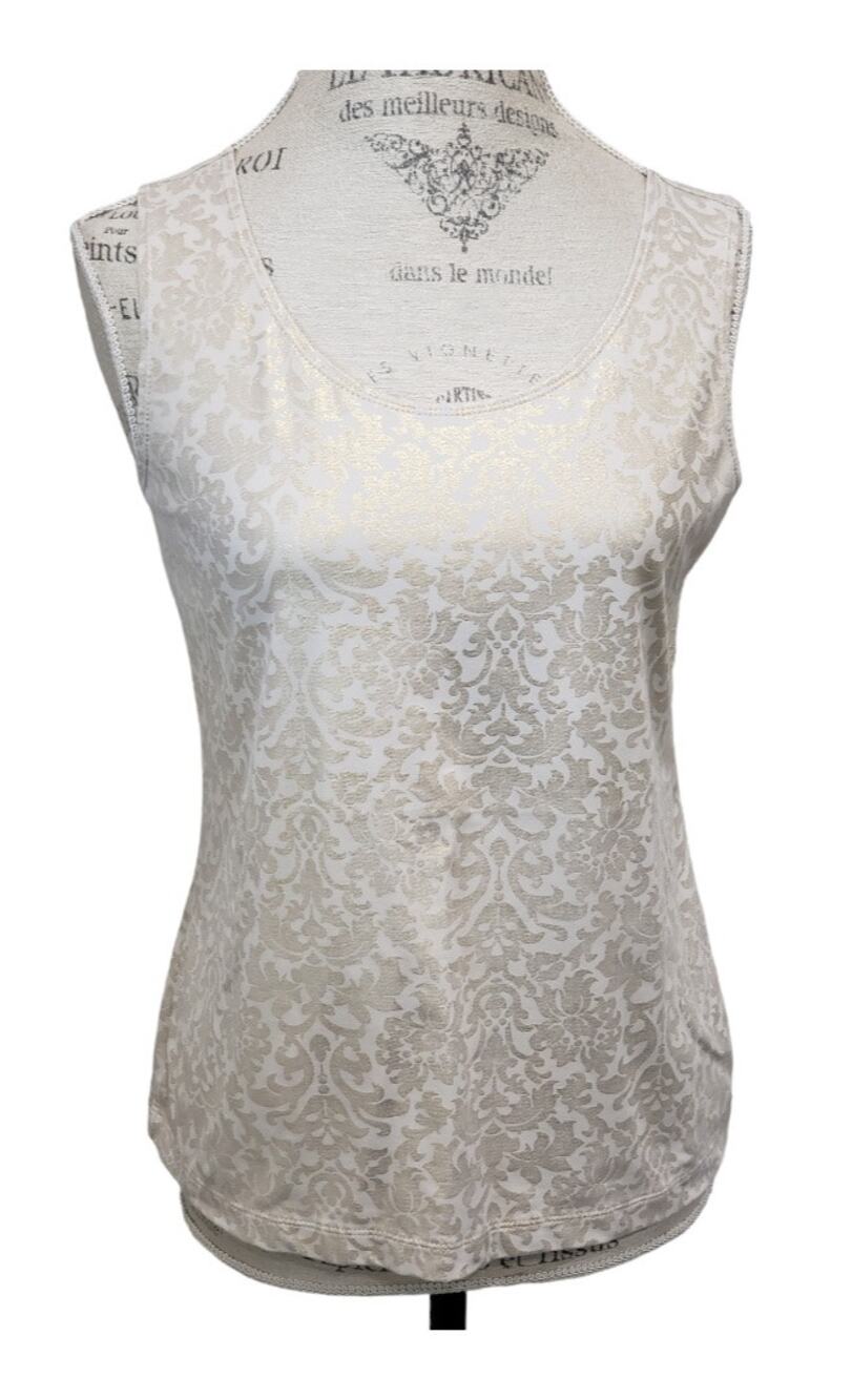 Chicos Gold & Cream Art Print Design Sleeveless Tank Top Blouse Shirt Size 0